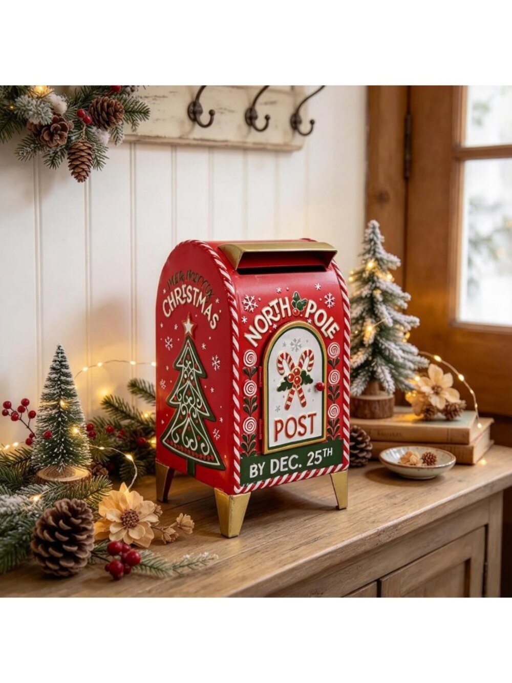 Vintage Metal Christmas Mailbox 14.37" - Festive Holiday Decor for